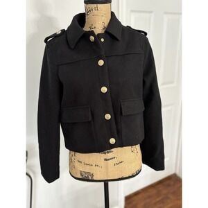 Jason Wu Edit Black Cropped Military Jacket Gold Crest Buttons Epaulettes Size 6